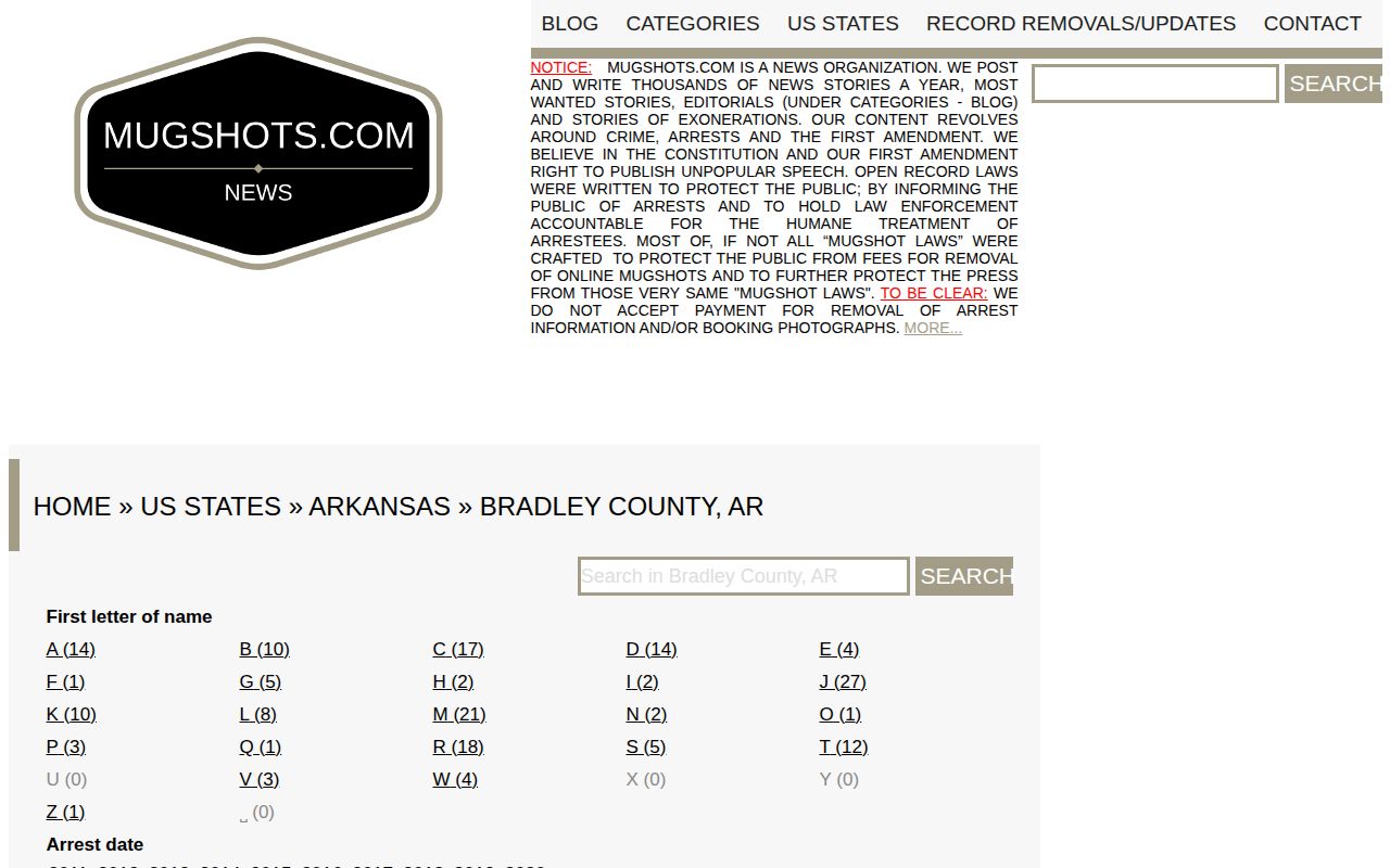 Bradley County mugshot archive on an unofficial historical index