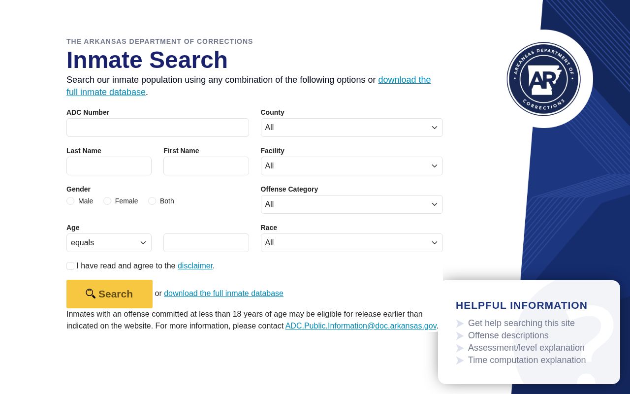 Bradley County state corrections record search through Arkansas ADC